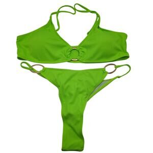 Zando Womans size L String Thong Bikini Top O Rings 2 Piece Swimsuit Green NWOT